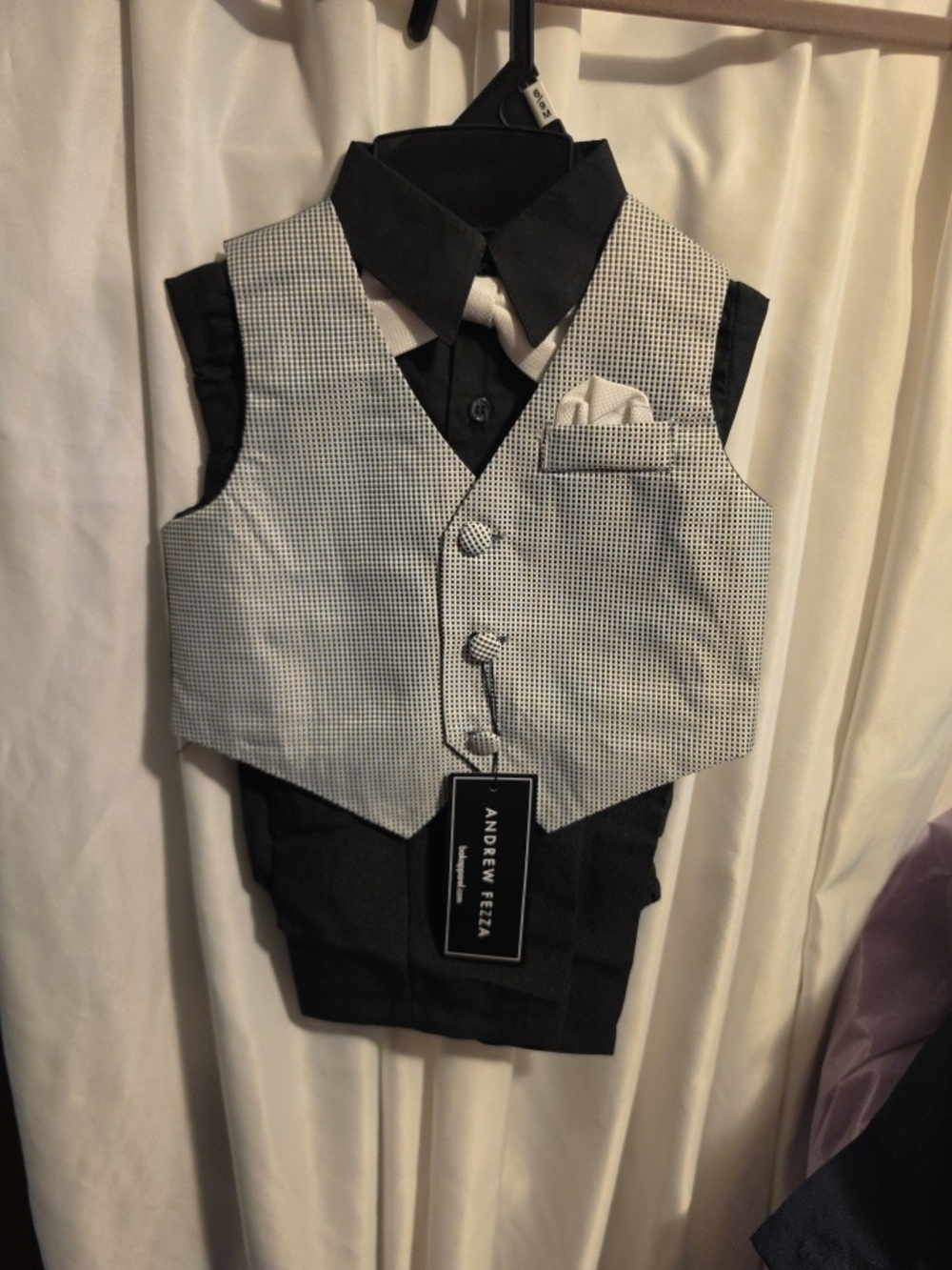 Andrew Fezza Black Shirt with White Patterned Vest and Tie Set 6/9M